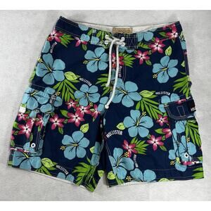 Hollister‎ Men’s L Navy Hibiscus Floral Board Shorts Swim Trunks Hawaiian Y2K